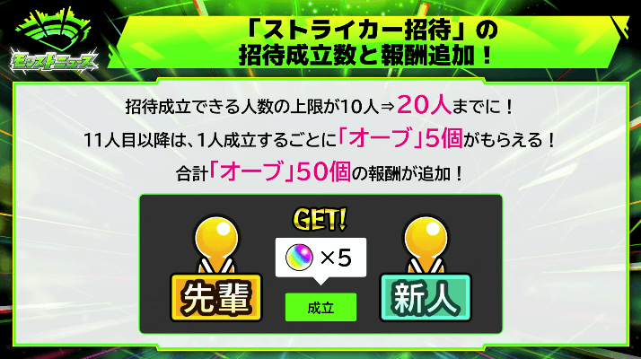 ７「ストライカー招待」の招待成立数と報酬追加