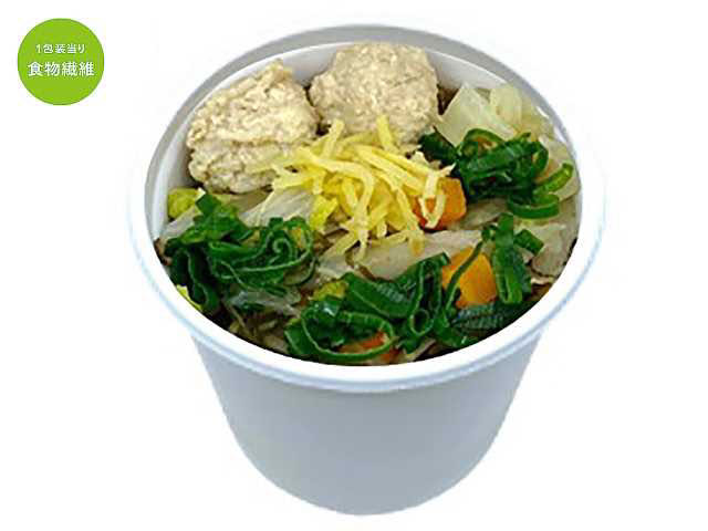ふわっとした食感の鶏団子ともち麦、昆布や椎茸と6種の野菜がたっぷり入った生姜スープです。
