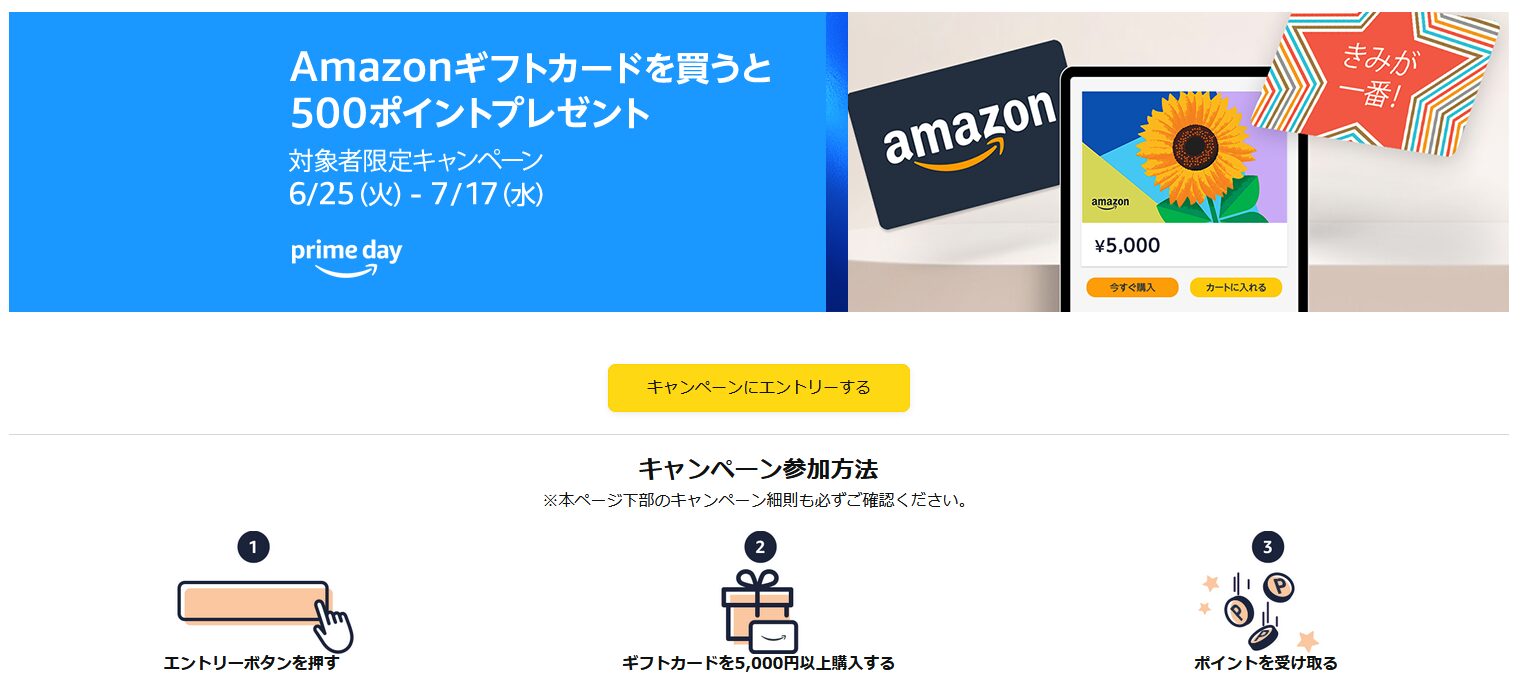 Amazonギフトカードを購入すると500ポイントプレゼントの対象者限定キャンペーン開催中！