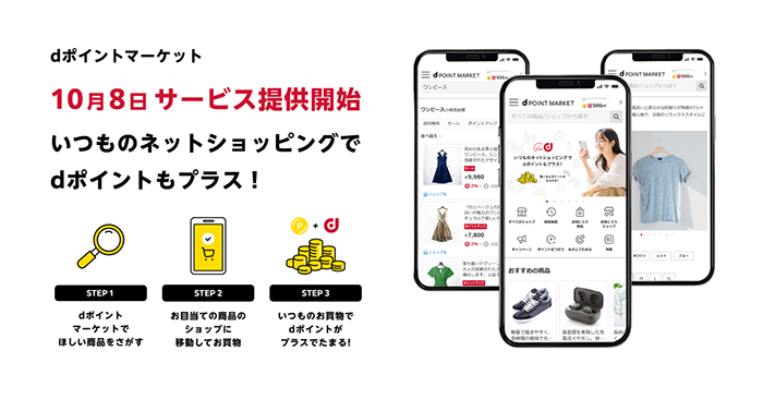 dポイントがたまるネットショッピングサービス「dポイントマーケット」がオープン！　総額2,000万ポイント山分けキャンペーン開催