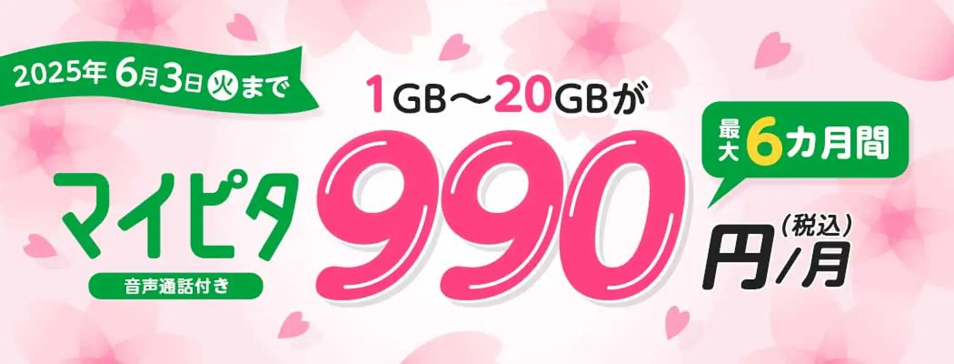 「2025春のマイネオ割」基本データ容量で選ぶプラン「マイピタ」デュアルタイプの1～20GBコースがどれでも最大6カ月間990円/月に